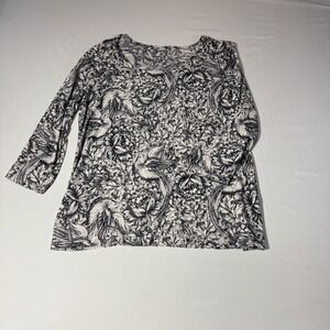 Croft & Barrow Womens Large Black White Floral Bird Toile 3/4 Sleeve Knit Top